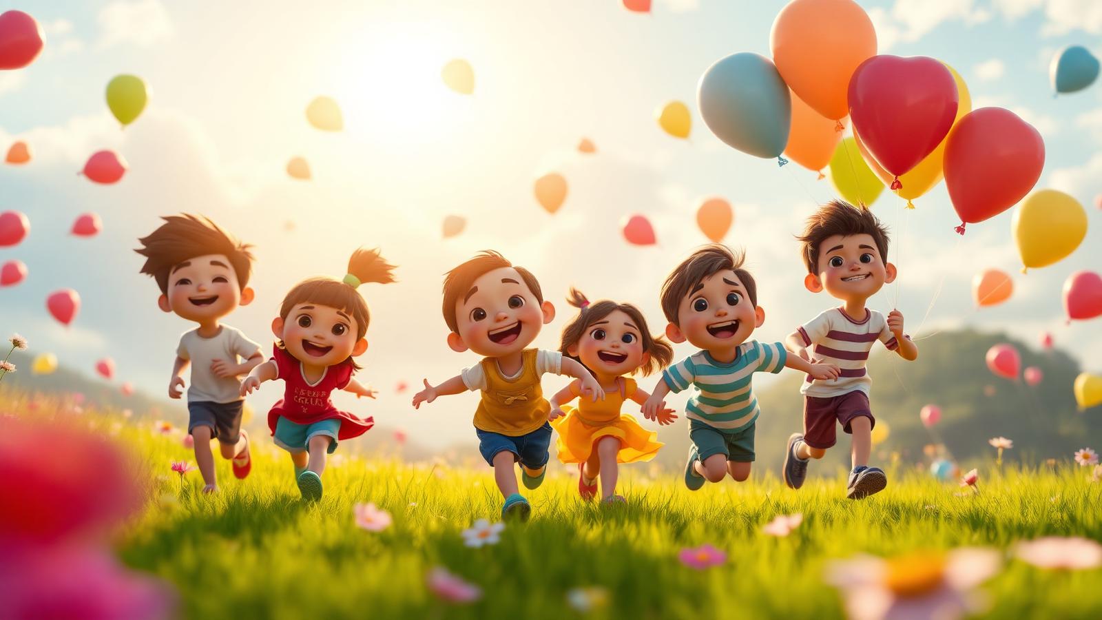 Niños felices corriendo en una pradera mágica