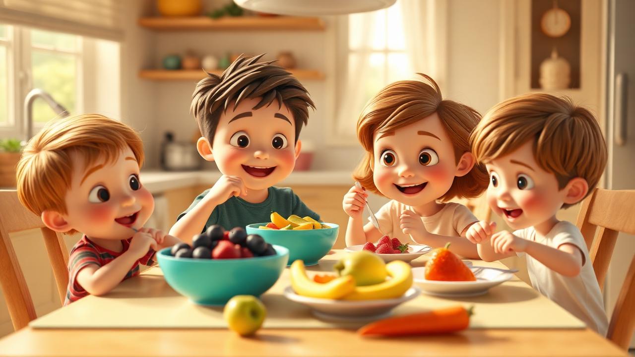 Niños felices comiendo frutas y verduras en la mesa