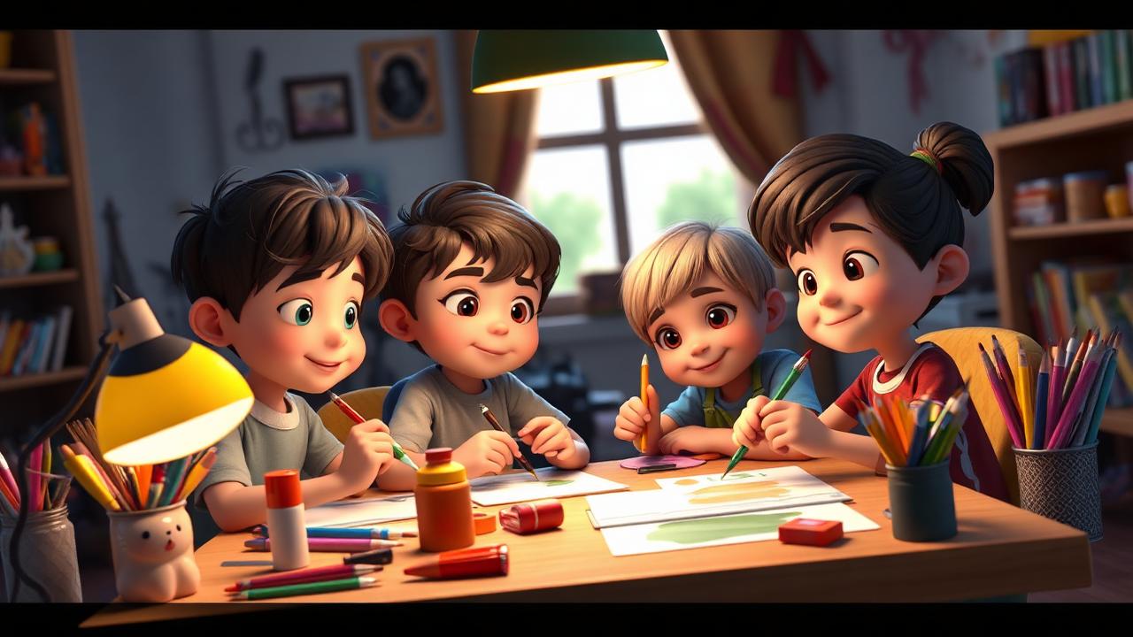 Niños haciendo manualidades y leyendo en casa