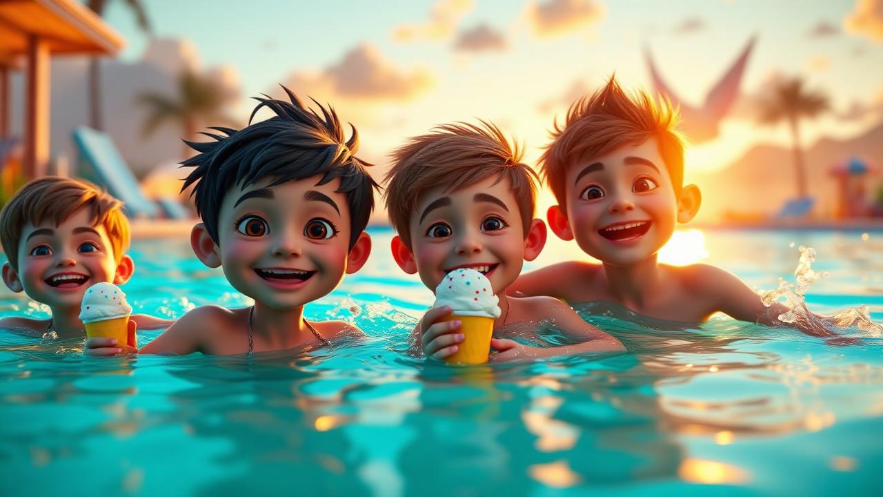 Niños disfrutando el verano en la piscina con helados